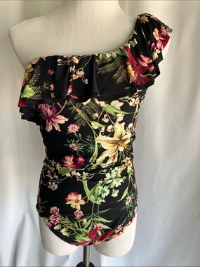 One-Shoulder Floral Ruffle One-Piece Swimsuit - Black